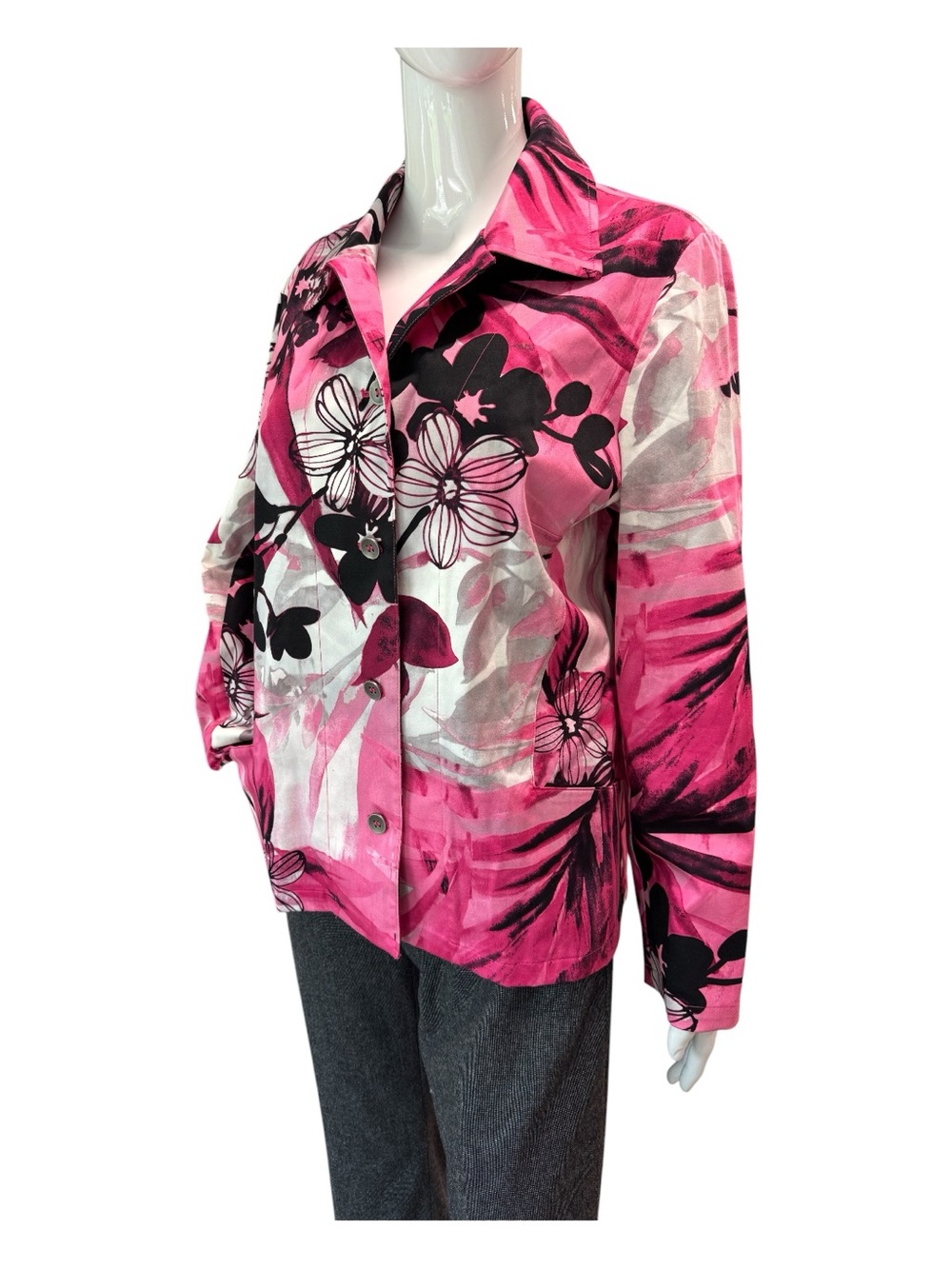 Chicos Additions Top Sz 2 US L Pink Floral Long Sleeve Button Up Pockets Collar